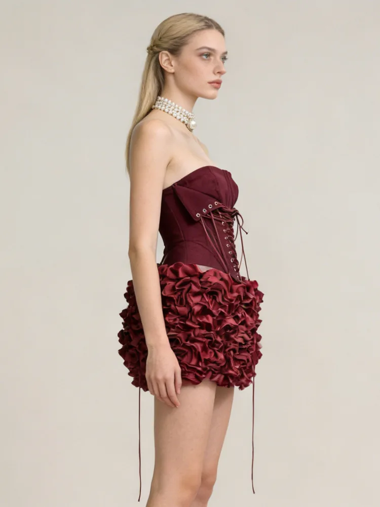 DFDG Women's Spring Summer Strapless Lace Up 3D Flower Mini Skirt Set Formal Cocktail Wear 2026 Trendy Feminine Fashion Set view 4