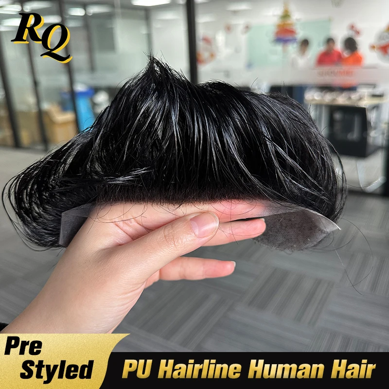 رقيقة الجلد الطابق السفلي قبل تصميم الرجال أمامي الشعر المستعار شعر بشري حقيقي شعري بولي PU الاصطناعية الذكور الجبين الخامس حلقة خط الشعر الأمامي #1