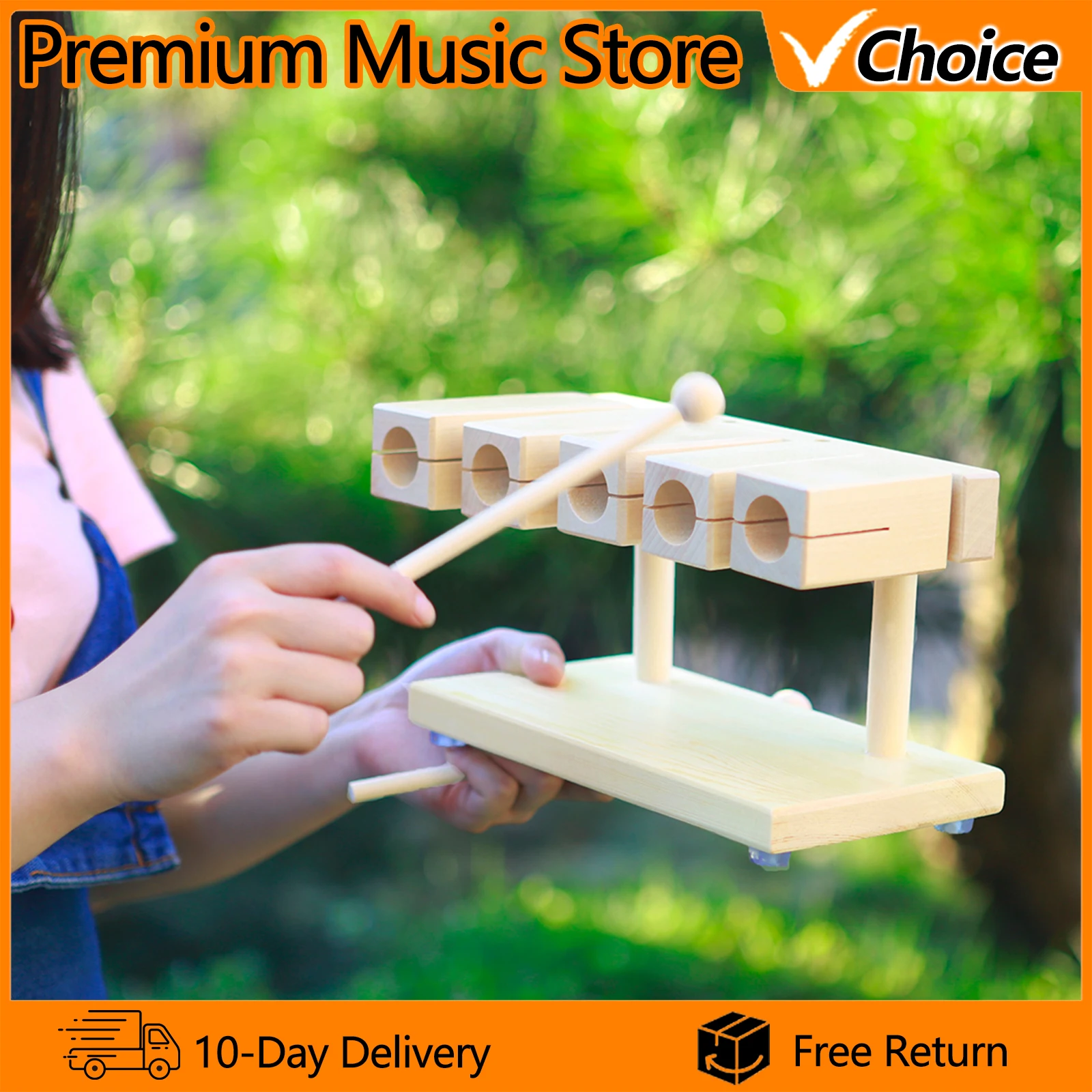 5 Tone Wooden Fish Slit Drum Instrument Maple Wood Percussion Wooden Fish with 2 Mallets Clear Sound for Early Music Education