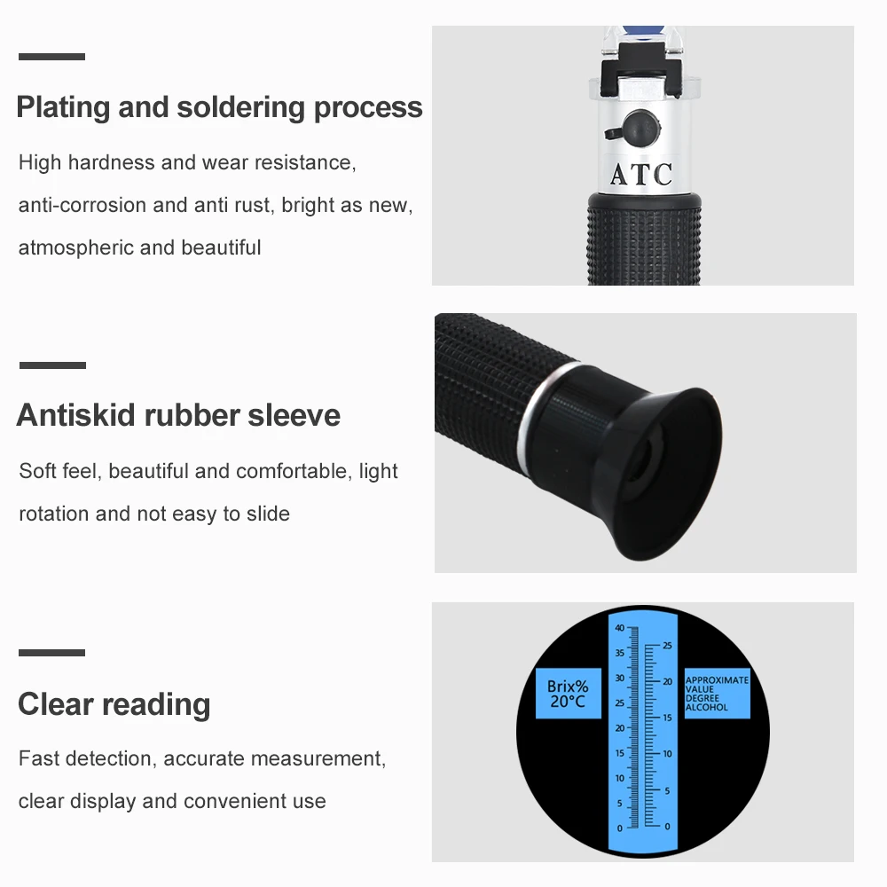 Handheld Alcohol Refractometer SG 1.000-1.130 Beer Alcoholometer Hydrometer Brix 0-40% Wort Sugar Alcohol 0-25% Dual Scale Meter