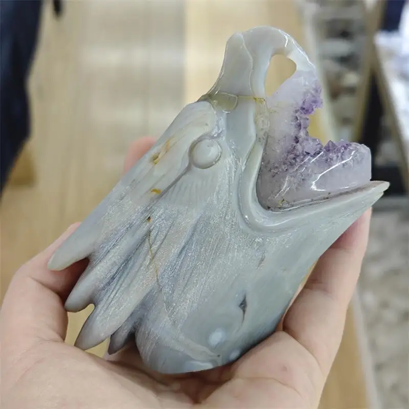 Natural Amethyst Wolf Cluster Wolf Head Carving Hand Cartoon Stones Healing Polished Mineral Ornaments Home Decoration 1PCS