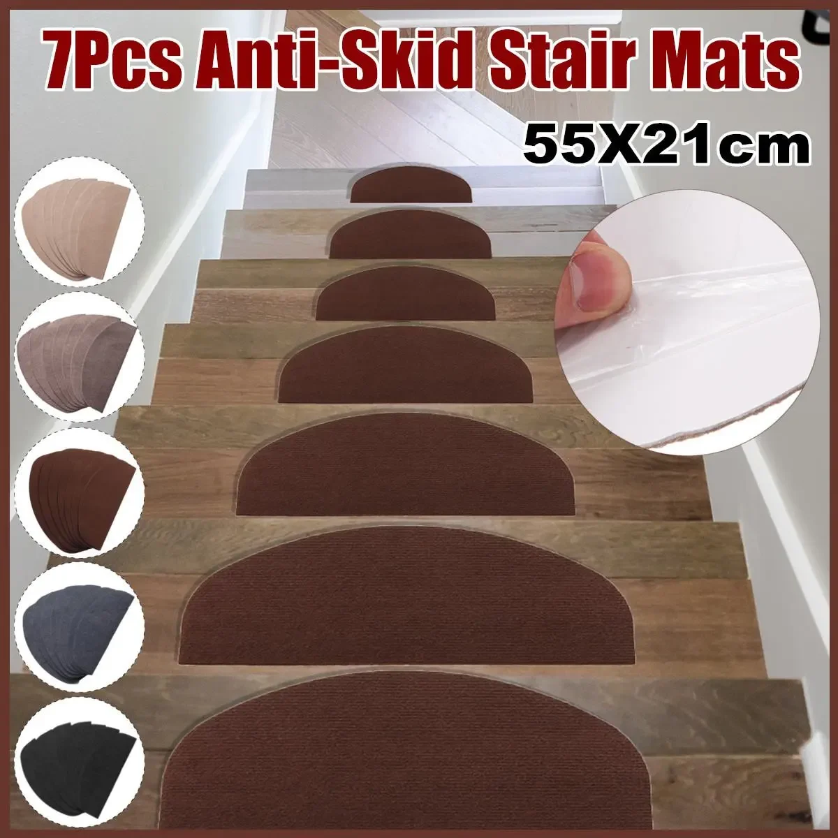 

55x21cm 7Pcs Set PVC Self-adhesive Stair Treads Freely-Cut Non-slip Rugs Stair Mats Pads Carpet 5 Colors Home Safety Pads Mat