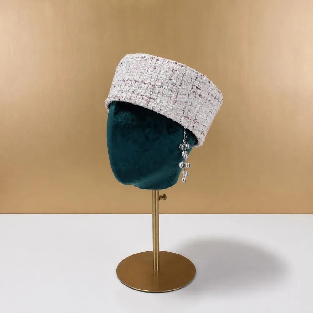 New Adjustable Top Hat for Women Tweed Fabric Winter Pillbox Cap British Retro Formal Cocktail Hat Tea Party