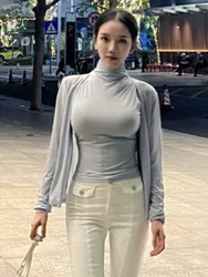 WOMENGAGA Korean Tees New Sweet Spring Autumn Blue Turtleneck Top Knit Two Piece T-shirt Top For Women Tshirt Fashion 2023 E8TY