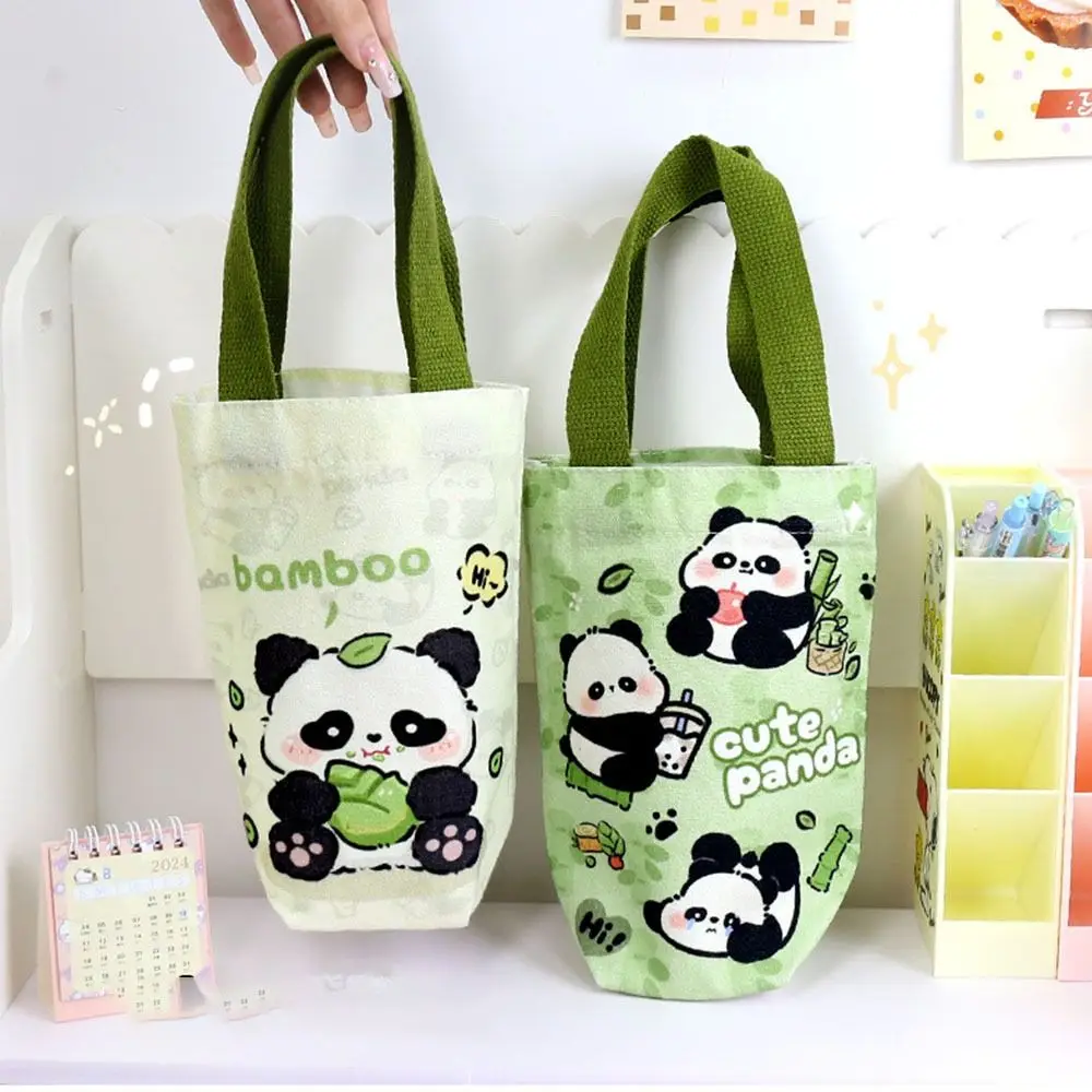 

Cute Portable Cartoon Panda Tote Water Cup Cover Mini Canvas Handbag Panda Hand Cup Cover