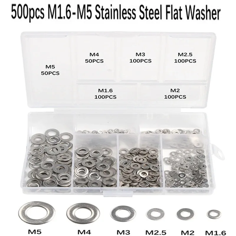 500pcs  M1.6 M2 M2.5 M3 M4 M5 Stainless Steel Flat Washer Combination Plain Washer Gaskets Assortment Kit