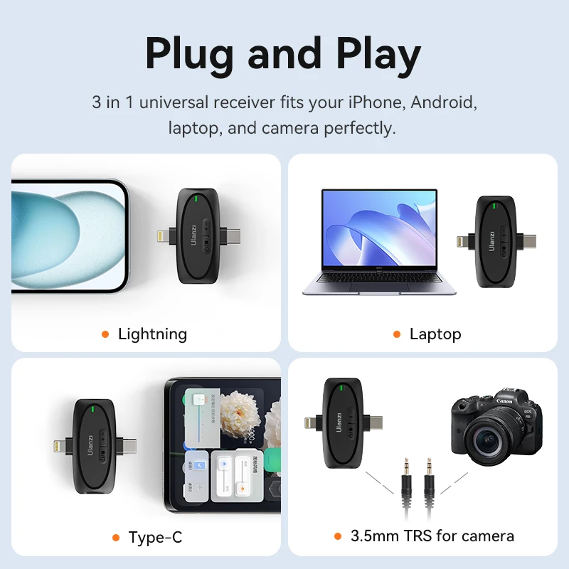 Ulanzi ไมโครโฟนลาวาเลียร์ไร้สาย3 in 1, V6 2.4G พอร์ตไลท์นิ่ง Type-C 3.5มม. สำหรับกล้องแล็ปท็อป iPhone 15 Android