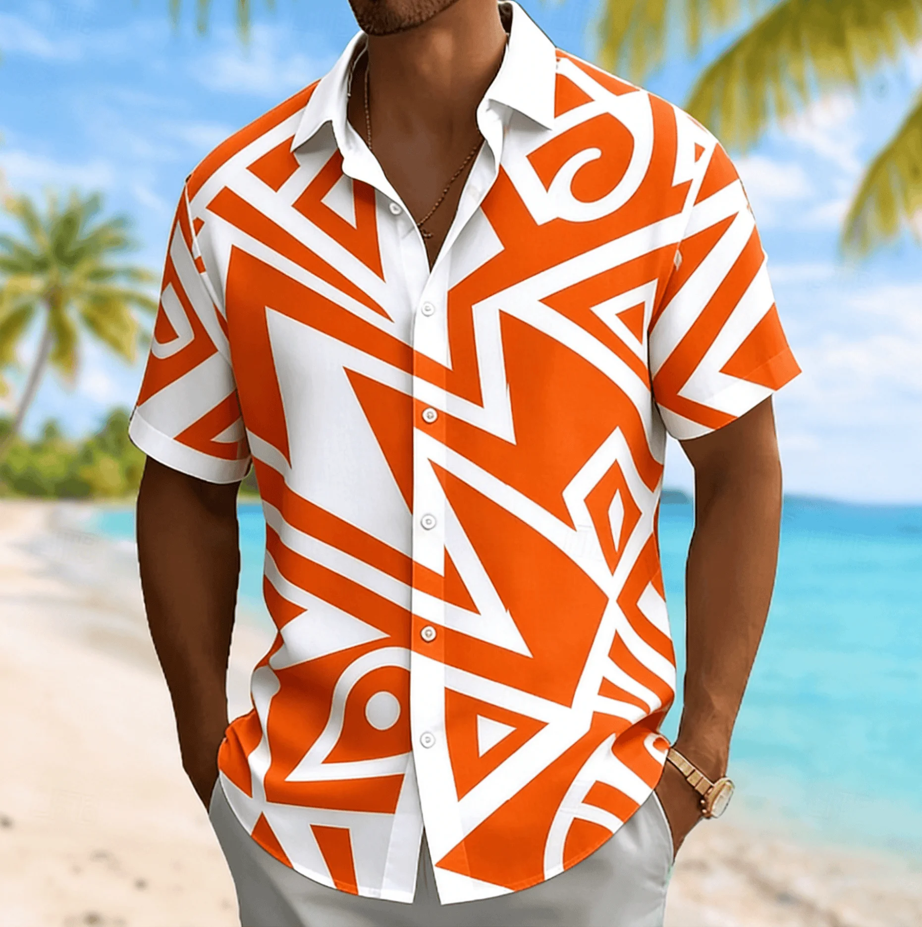 Men's Neon White Abstract Geometric Short Sleeve Shirt Lapel Button Placket Coastal Leisure Style Mens Daily Urban Garments