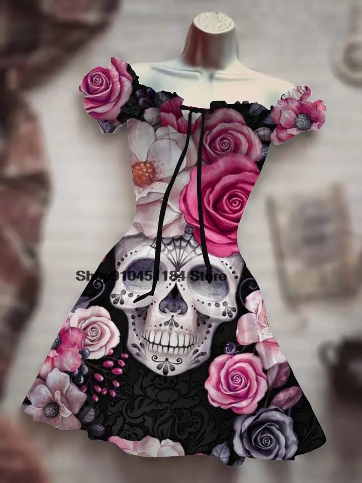 Summer 2022 Mid Waist Ladies Drawstring Dress Horror Halloween Skull Pringing Puff Sleeve Costume Rose Skull Night Clothes