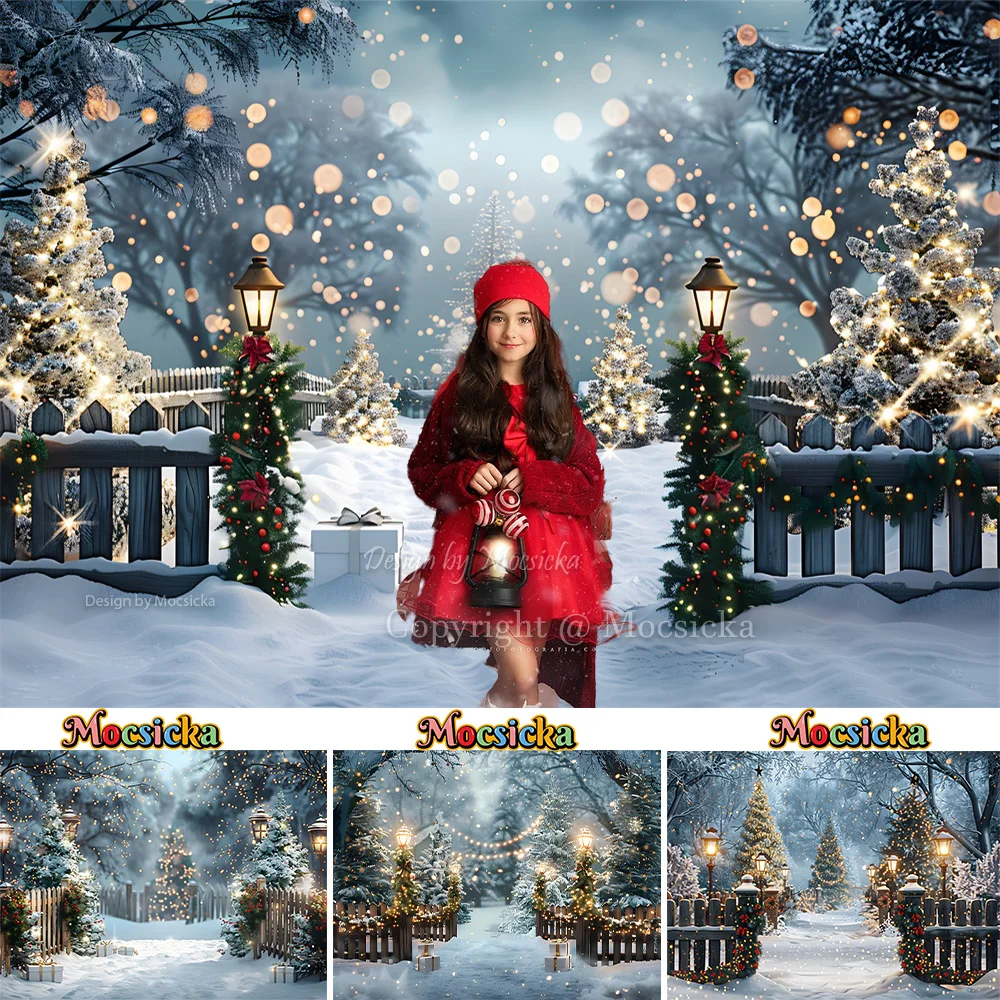 

Christmas Photography Background Snowy Street Lights Xmas Pine Tree Background Shining Lights Decor Winter Kids Portrait Studio