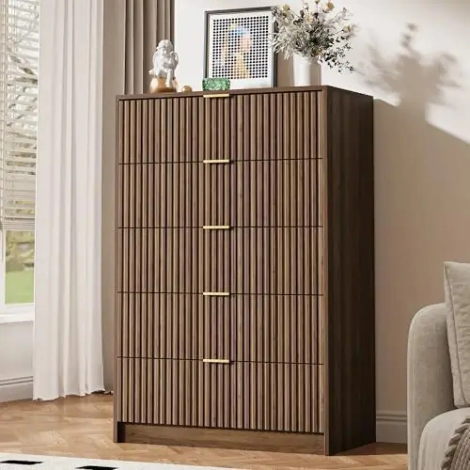 5 Drawer Dresser for Bedroom, Tall Dresser Chest of Drawers with Gold Handles, 32 Inch Wide Nightstand with for