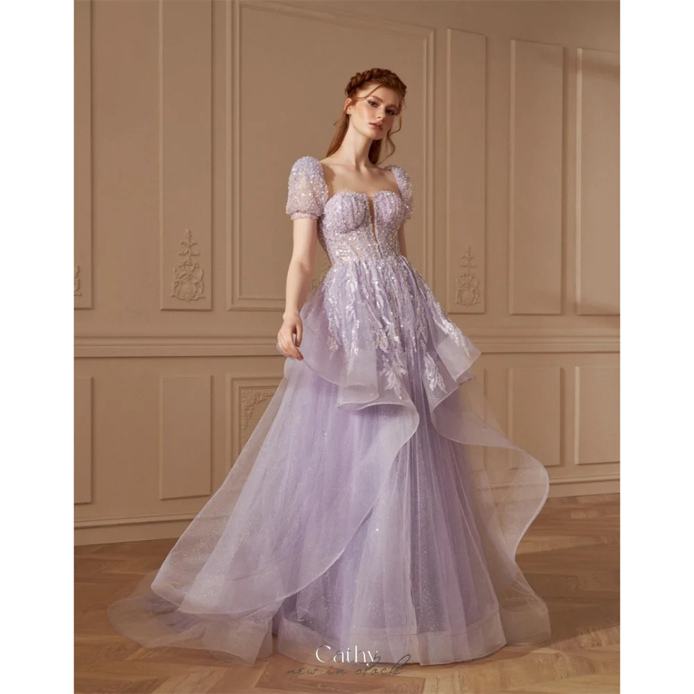 Cathy personalizado roxo a linha brilhante lantejoulas vestidos de baile gola quadrada glitter vestidos de noiva até o chão noite formal