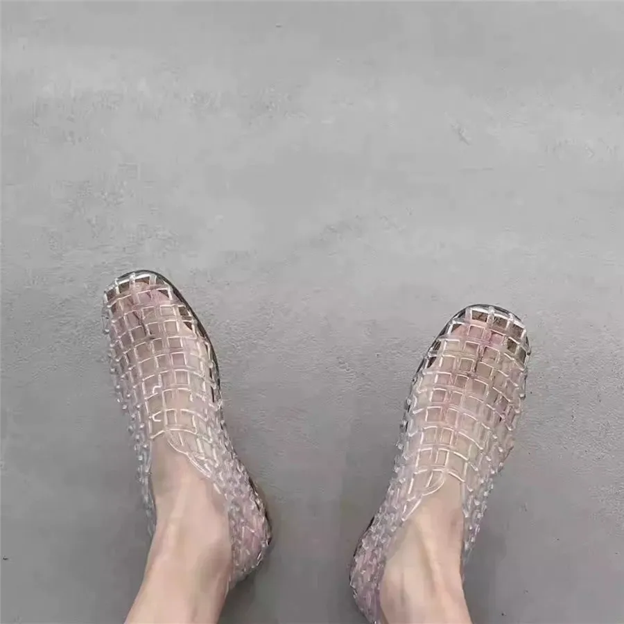 Transparent Jelly Shoes Women Hollow Out Runway Loafers Round Toe Holiday Beach Flats 2024 New Summer Lazy Flat Shoes Woman