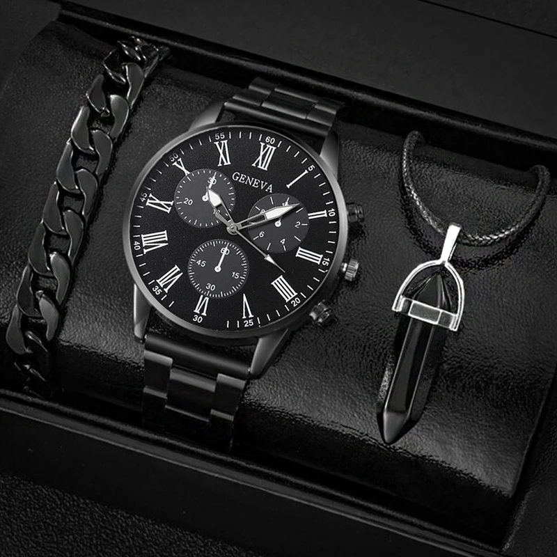 

3PCS Set Fashion Mens Business Watches Men Casual Black Bracelet Necklace Stainless Steel Quartz Wrist Watch Relogio Masculino