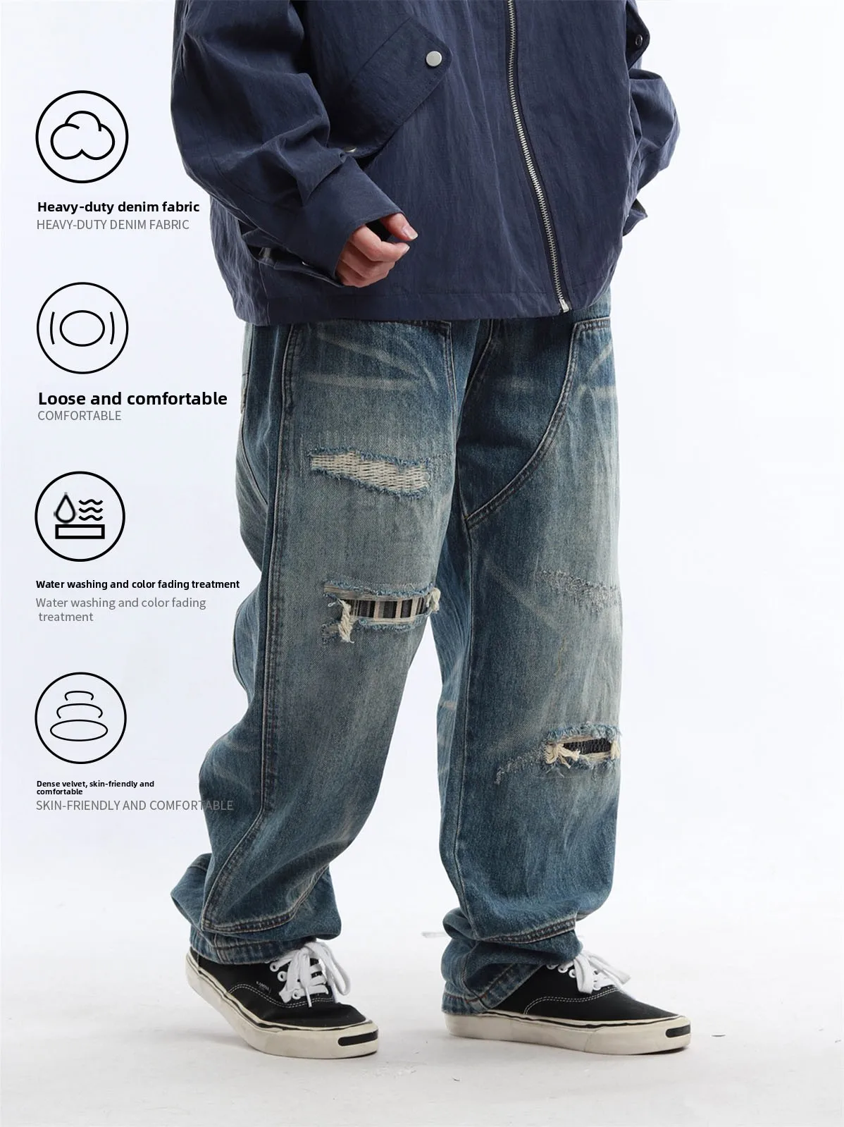 Reknat Vintage Heavy Distressed Patchwork Jeans Loose Straight Leg Men's Long Trousers Fashion Urban Style Cotton Denim
