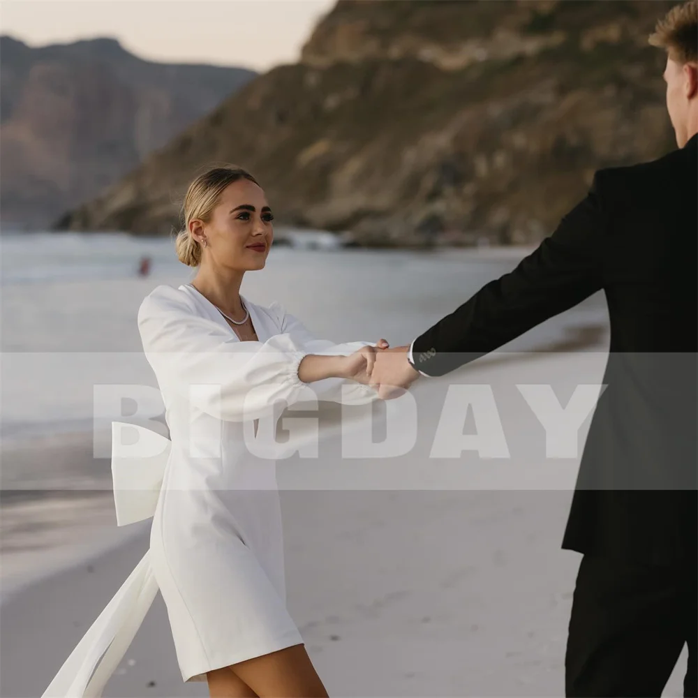 Modern Beach Short Wedding Dress Women 2025 Bow V-Neck Sheath Simple Above-Knee Pleat Bridal Gown Vestido De Noiva Customized