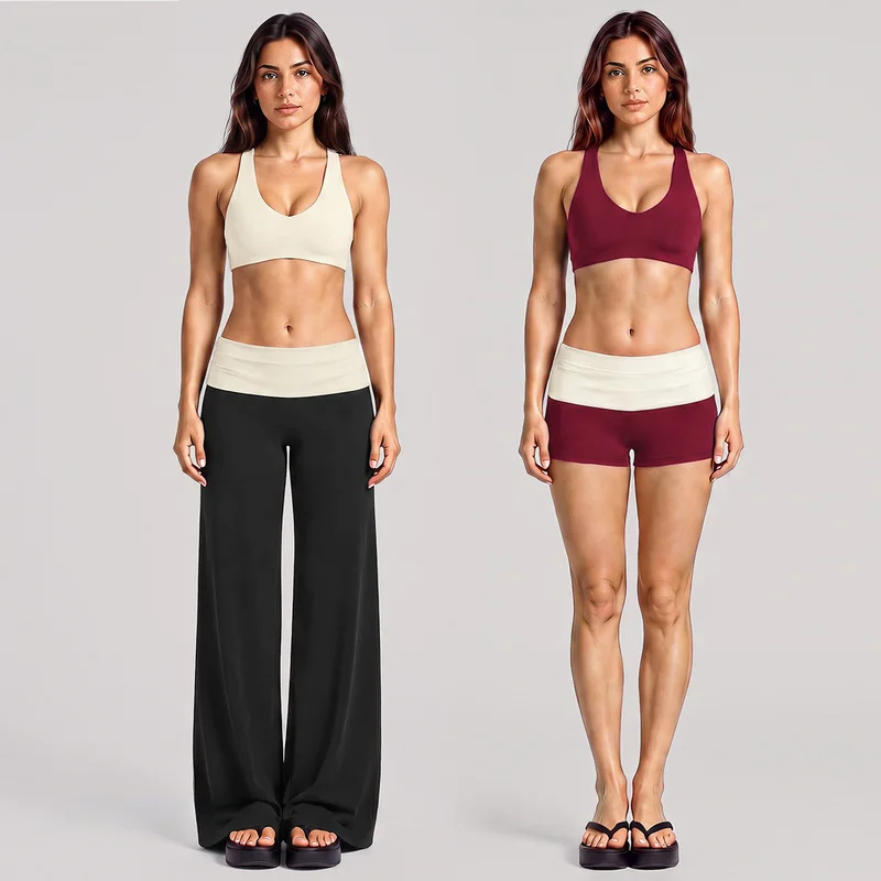 Color Block Yoga Set Women Racerback Shockproof Sports Bra Quick Dry Fold Waist Wide Leg Pants 2 Piece Outfit Sports Wear