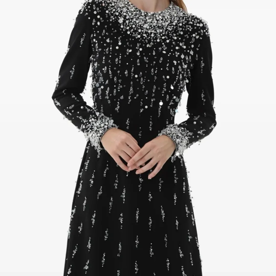 Bella personnalisé noir col rond à manches longues cristal gouttelette embelli coupe ajustée Maxi robes de soirée robes de soirée élégantes