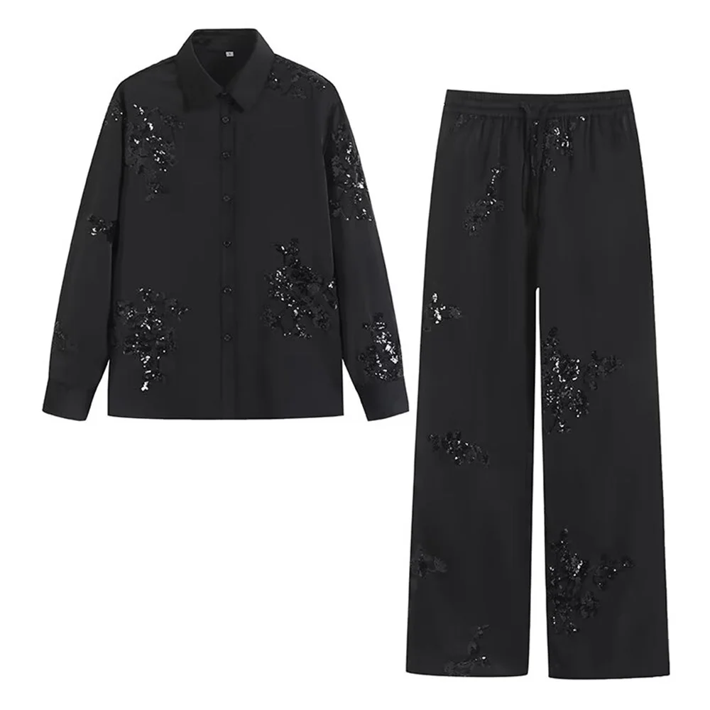 2024 Summer New Product Women's Fashion Polo Neck Long Sleeve Beaded Embroidered Shirt High Waist Straight Leg Pants Set