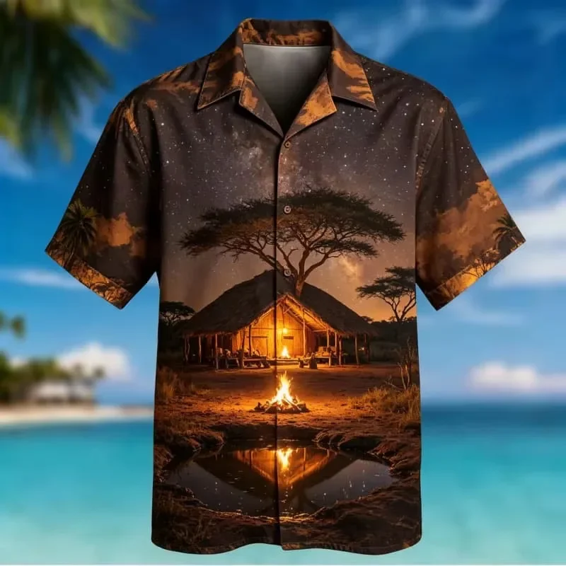 Men's Beach Sunset Vacation Style Evening Printed Short Sleeved Shirt, Suitable for Daily Wear During Summer Travel