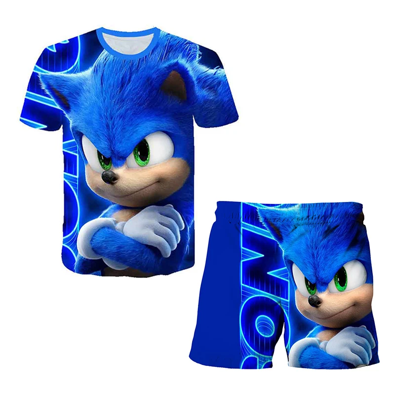 New Japanese cartoon Sonic T-shirt children's top T-shirt shorts two-piece set summer boy cartoon cute T-shirt+beach pants