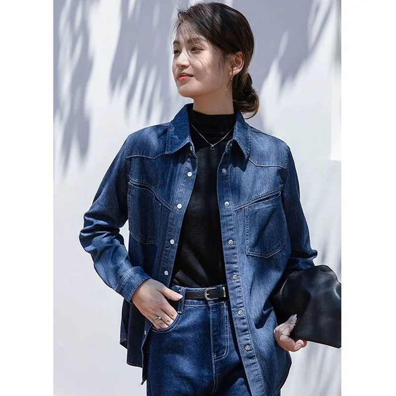 جديد قمصان الدنيم معطف للنساء الخريف الشتاء خمر الشارع الشهير العصرية جان سترة الكورية رفض طوق مكتب سيدة بلوزة