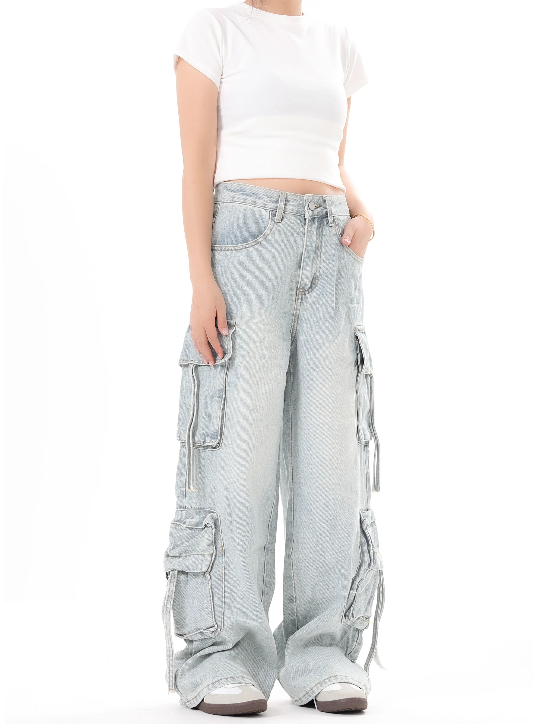 

YUHANG American Retro Multi-ket Light Blue Straight Leg Work Pants Loose Floor-Length Wide Leg Jeans for Men And Women