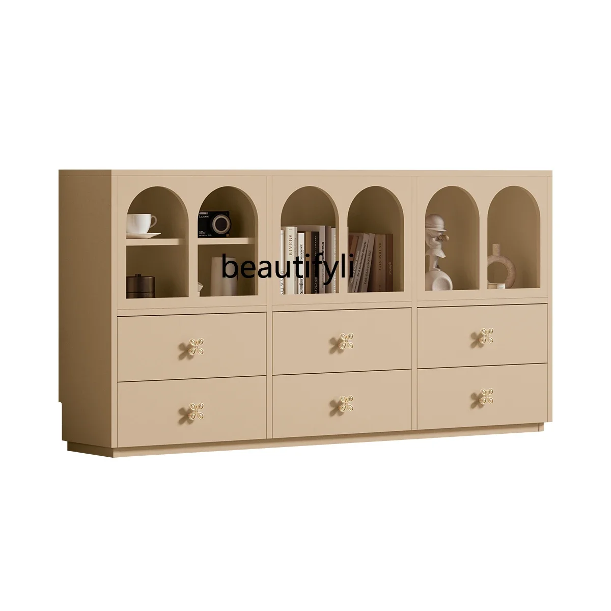 

Khaki Yellow Sideboard Cabinet French Locker Hallway Storage Cabinet Eight-Grid Storage Cabinet Double Drawer Low Cabinet