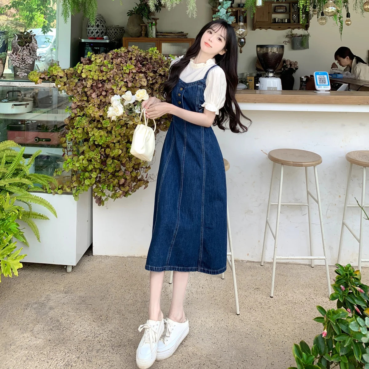 Summer Denim Strap Dress Women Casual Sleeveless A-line Jeans Dress Preppy Style Button Blue Overalls Vestidos Mujer