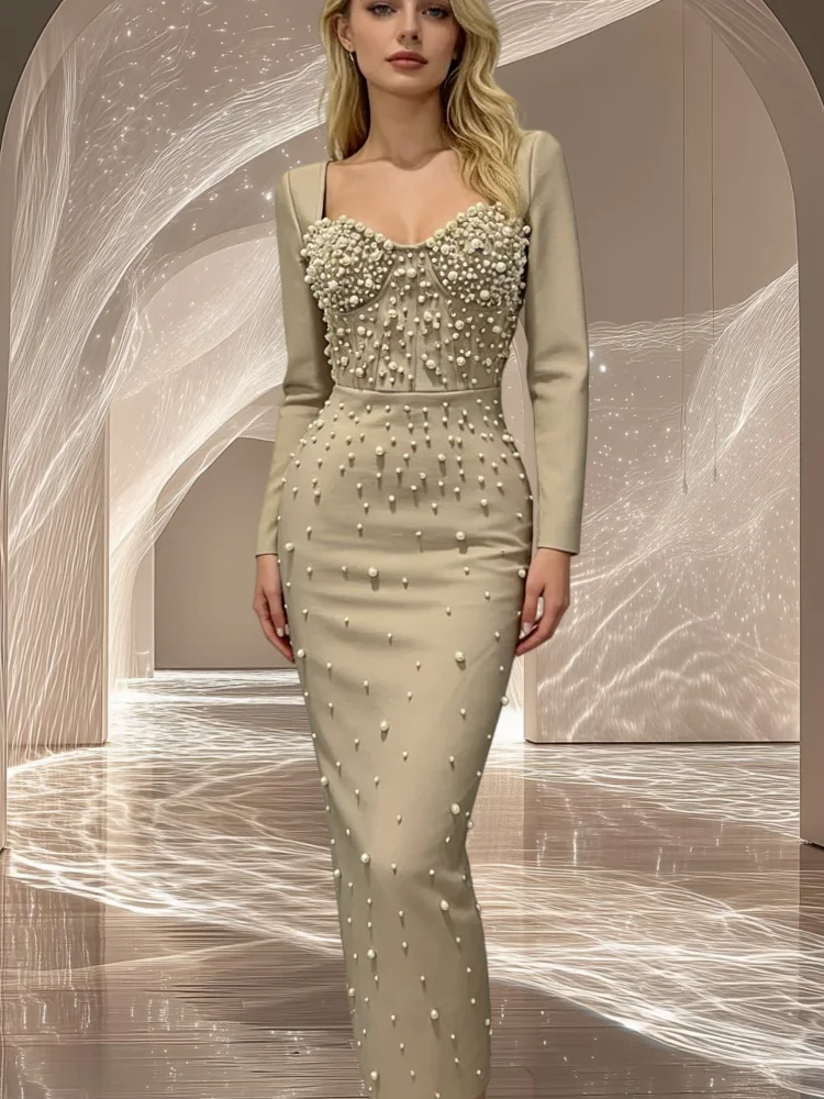 

New Apricot Color Exquisite Beading Low Cut Package Hips Bandage Long Dress Graceful Woman Party Dress Cocktail Party Vestido