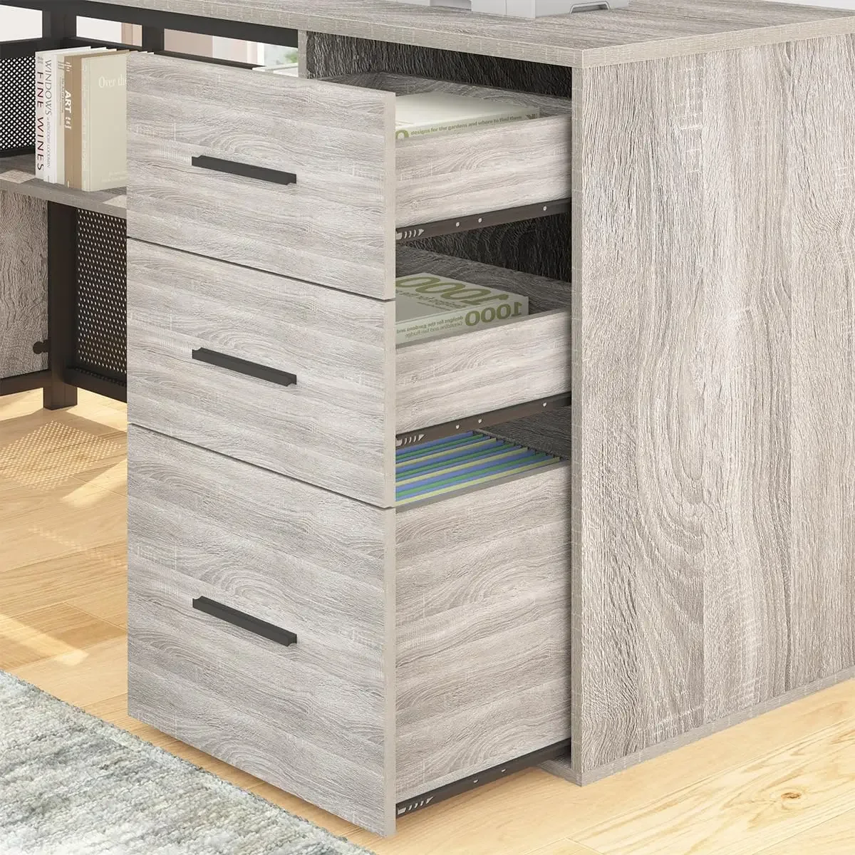 Hsh großer l-förmiger Schreibtisch mit Akten schrank, Eck-L-förmiger Computer tisch mit Schubladen regalen, Home-Office-Schlafzimmer