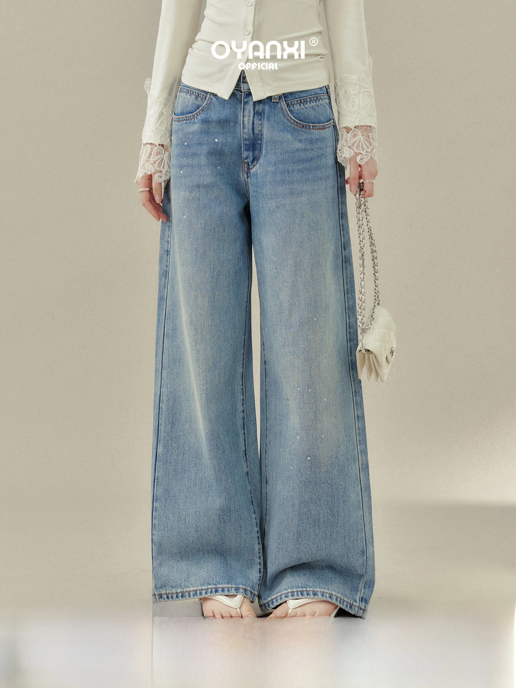 

High Waist Wide Leg Blue Jeans Women's Spring New Sle Straight Cut Trousers Salt Tear Reef Design Casual Faion