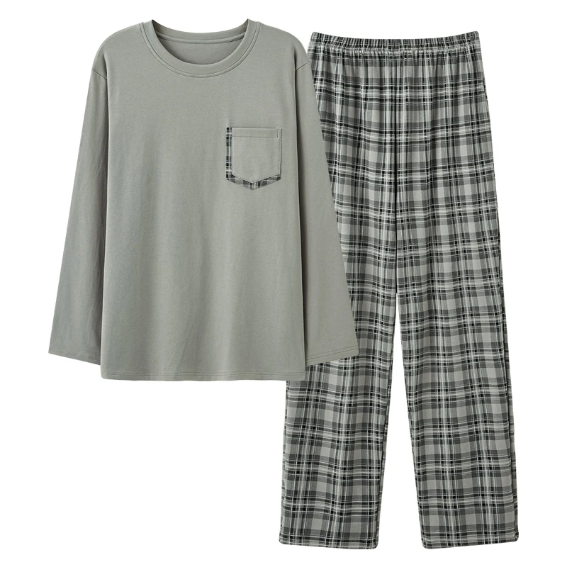 Men's Soft Modal Pajamas Set Spring Long-Sleeve Tops + Long Pants Nightwear Home Wear Suits Plaid Fashion Sleepwear For Men