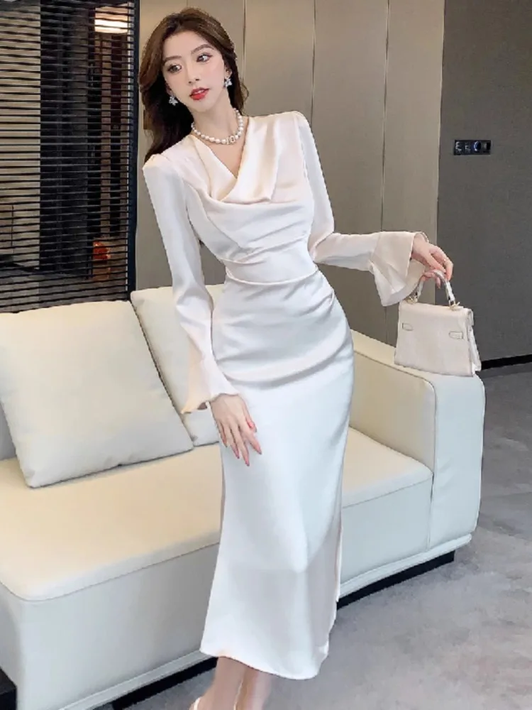 Ezgaga Dresses Women Temperament Swinging Collar Satin Irregular Slim Elegant Party Mermaid Dress Flare Long Sleeve Sexy