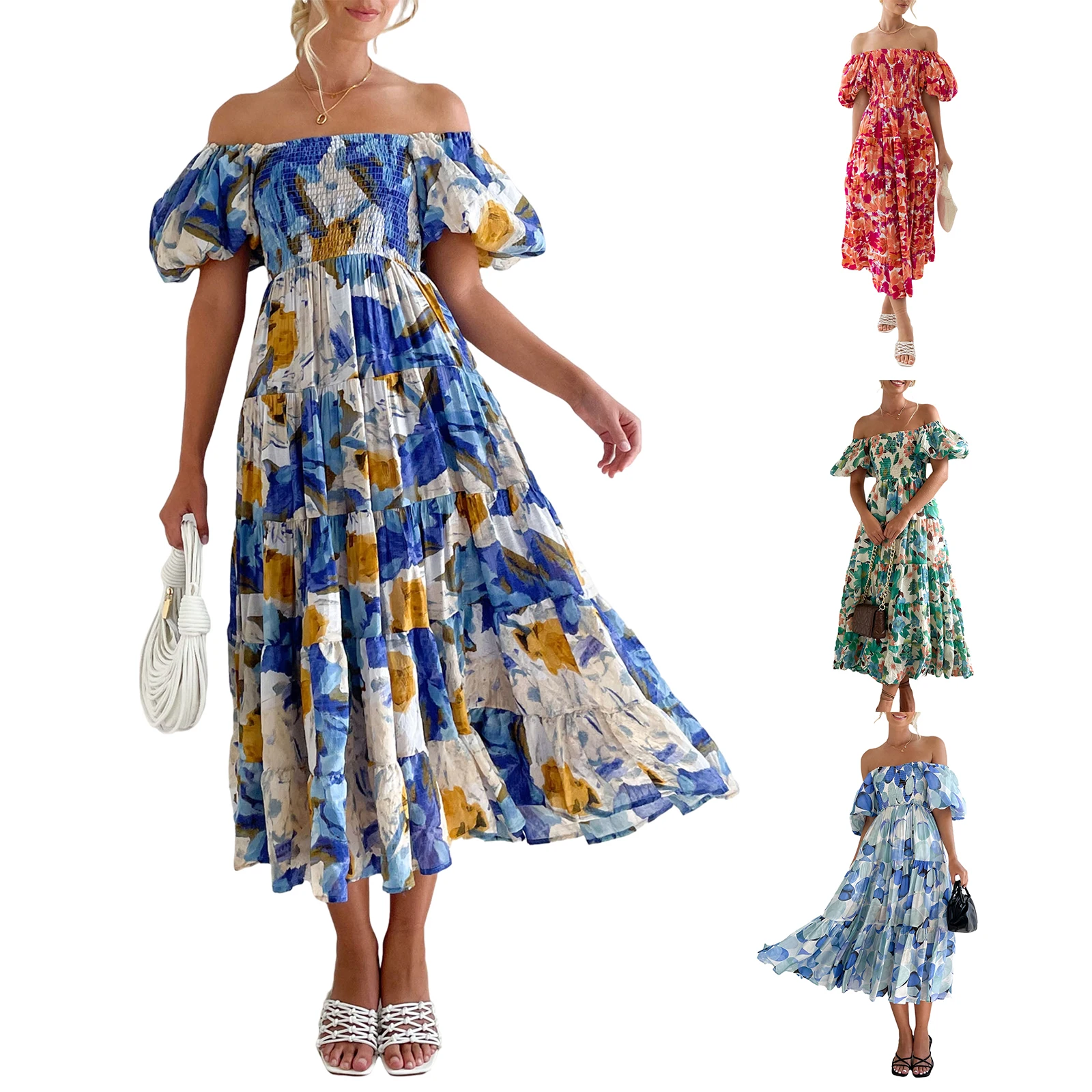 

Elegant floral prints Dresses 2023 New Sexy backless Slash Neck elastic high waist Short Puff Sleeve Skinny Maxi Dress