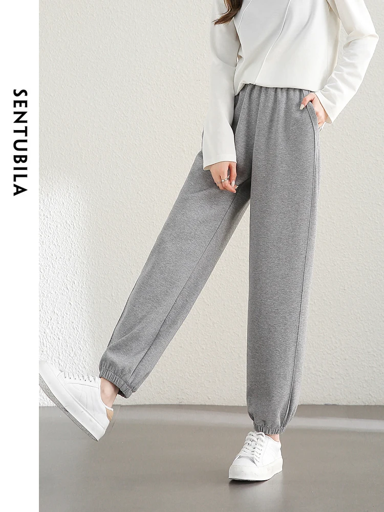 SENTUBILA High Waisted Sweatpants Women 2025 Autumn Loose Elastic Waist Knit Ankle Length Pant Cotton Woman Trousers 143K56228