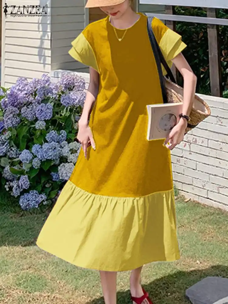 

Fashion Summer Sundress Women Fashion Holiday Party Dress 2024 ZANZEA Casual Short Sleeve Patchwork Baggy Vestidos Robe Femme