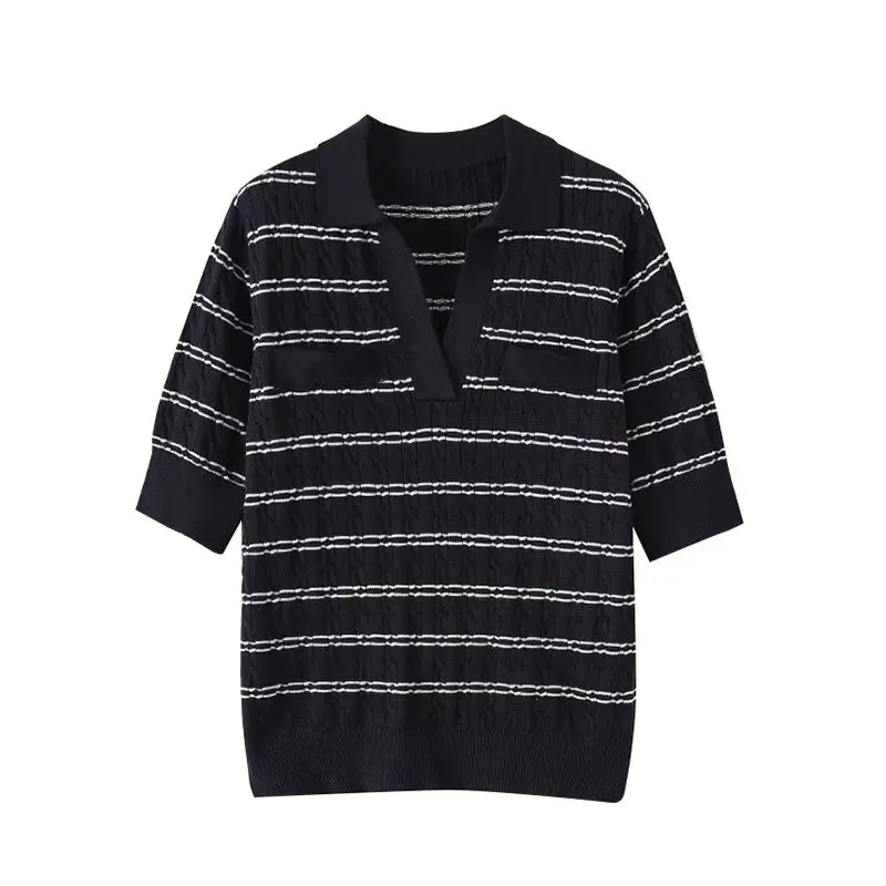 

2025 WOMAN Autumn New Fashion Striped Mid-sleeve Knitted Sweater Vintage All-match Casual Female Pullovers Chic Tops