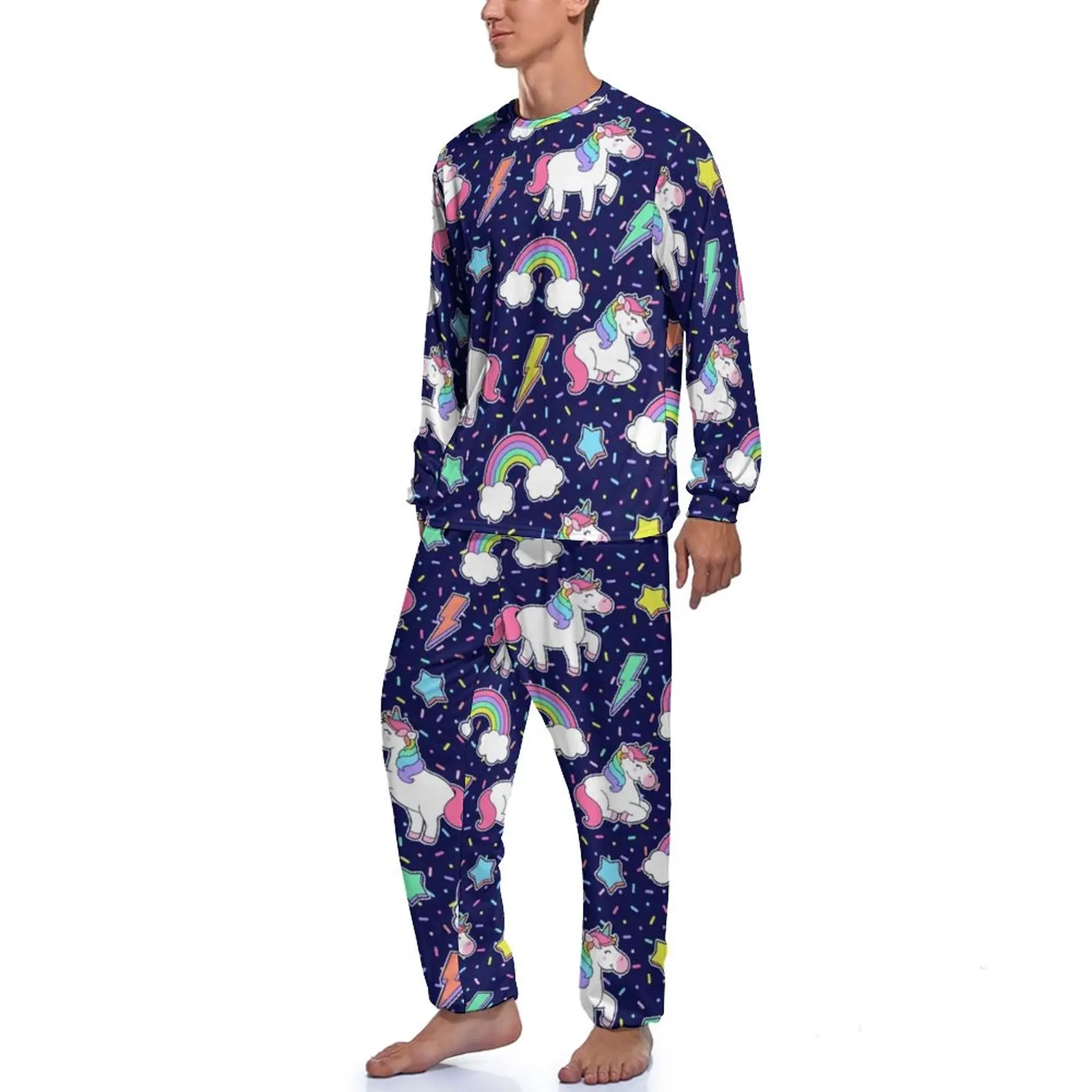 Cute Unicorn Pajamas Men Rainbow Star Kawaii Nightwear Daily Long-Sleeve 2 Pieces Sleep Custom Pajama Sets