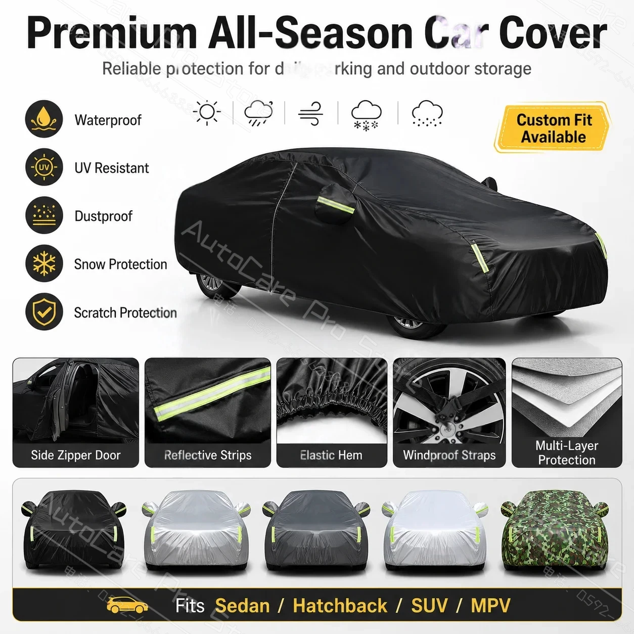 For BYD Dolphin  2018-Present Custom Fit Full Car Cover Silver Coated Fabric Side Zipper Access UV Sun Dust Protection3