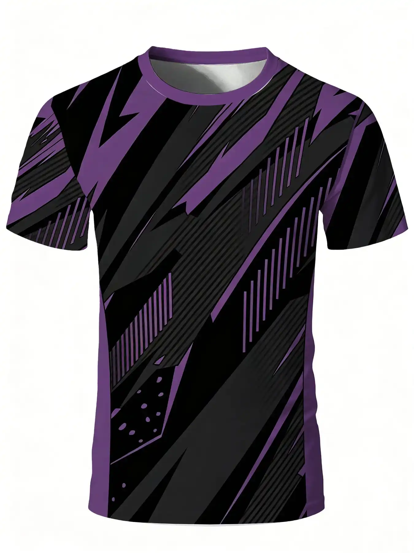 Men Sports Tee High Elastic Quick Dry Breathable Jersey Purple Black Sharp Geometric Print Gym Training Top