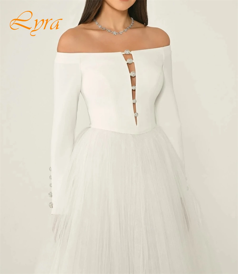 فستان سهرة مخصص رشيق من الأورجانزا على شكل حرف a برقبة قارب وأكمام طويلة فساتين لحضور الحفلات الموسيقية الفاخرة للمناسبات الخاصة