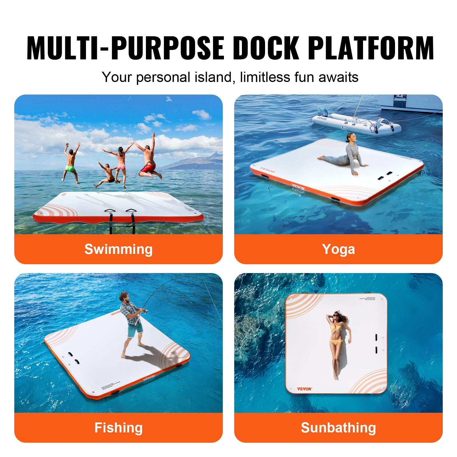 VEVOR Inflatable Floating Dock 10 x 10FT Inflatable Dock Platform Non-Slip Water Floating Dock Mat with Portable Carrying Bag