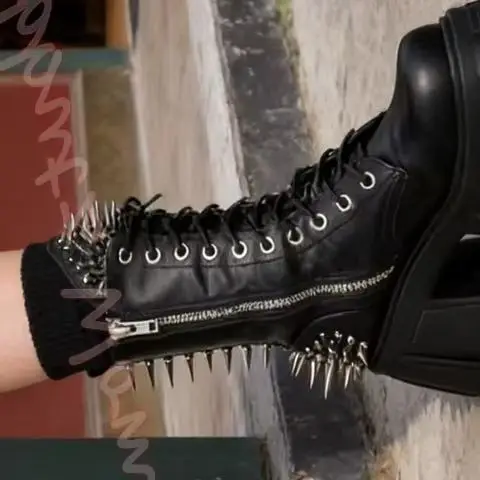 Motorcycle Ankle Boots Platform Rivet Punk Rock Round Toe Thick Sole Heel Zipper Leather Lace-Up Fashion Novelty Women Shoes New