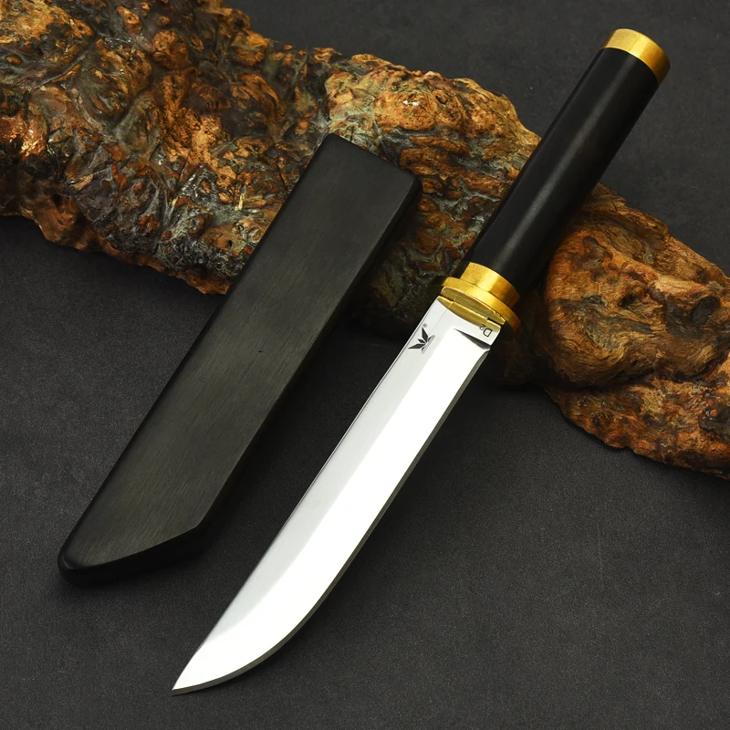 D2 Steel Tanto Blade Brass Ebony Handle Camp EDC Survival Self-defense Tactical Military Outdoor Hunting Straight Pocket Knives