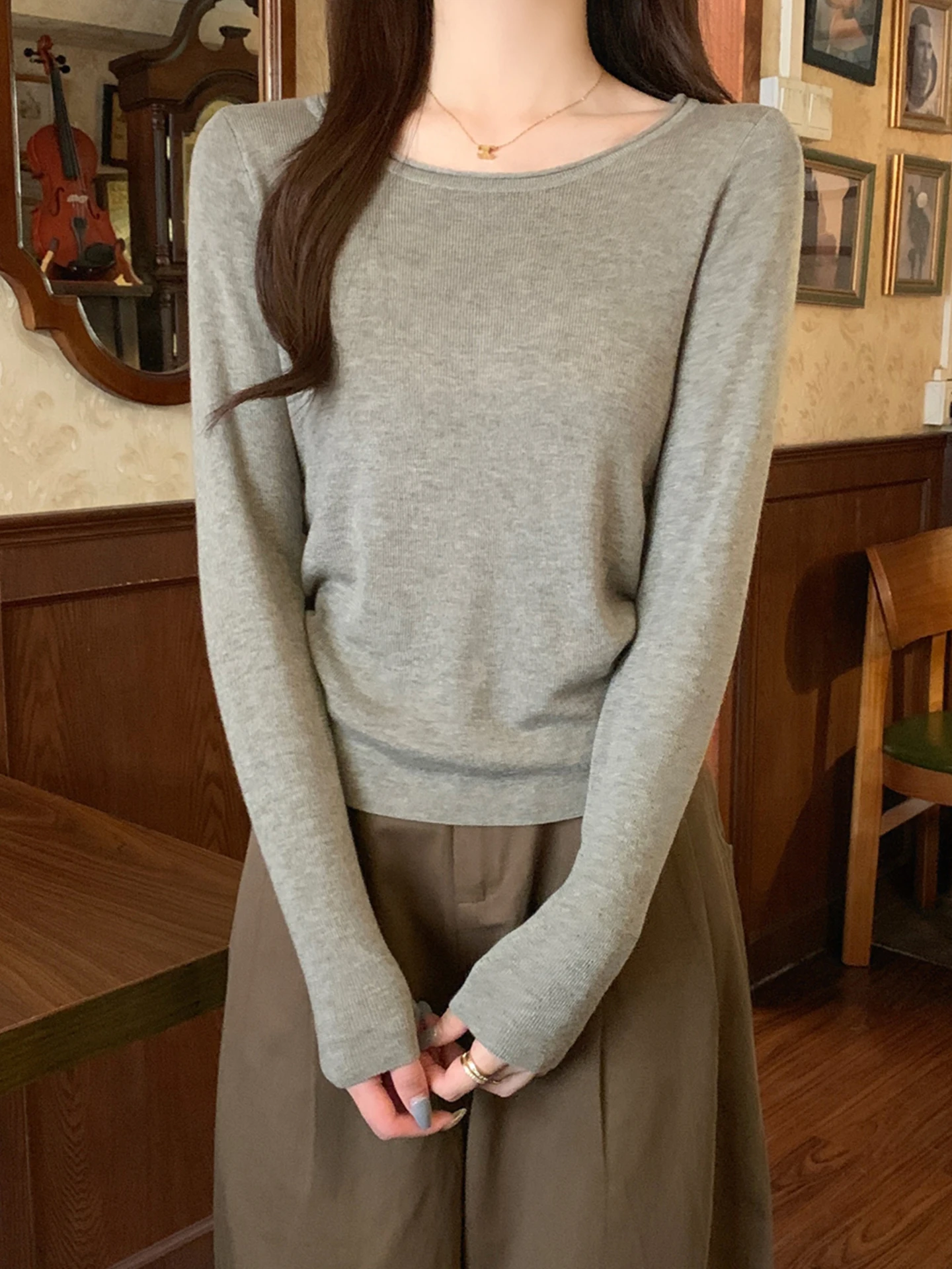 

Korean Sle Long Sve round Ne Knitwear Women's Base Layer T-irt Casual Straight Cut Autumn Winter Inner Wear Sweater