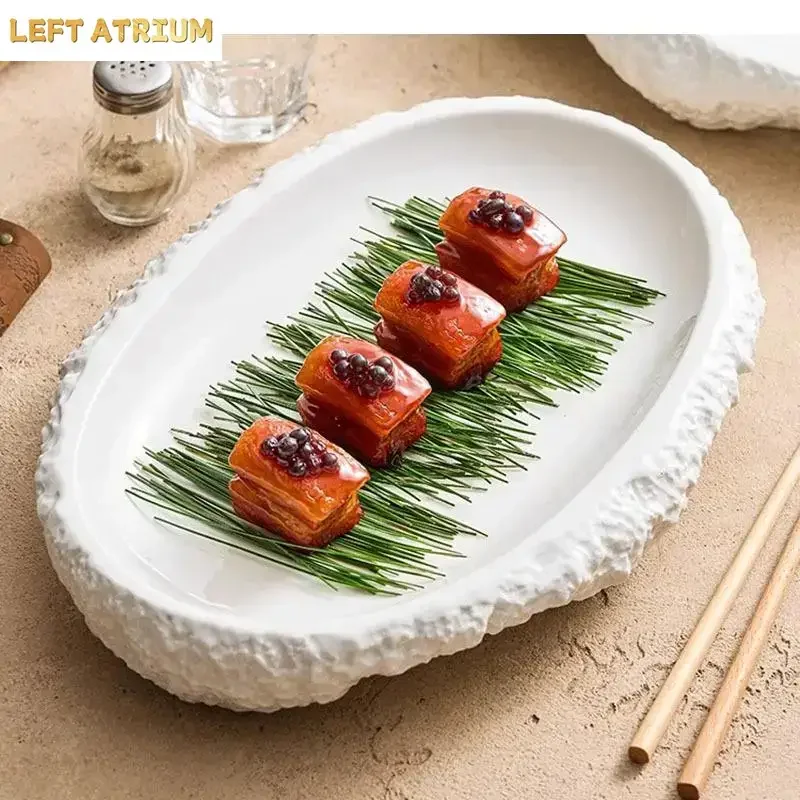 Irregular Rock Texture Ceramic Dinner Plate Pure White Dessert Fish Sushi Plates Restaurant Specialty Tableware