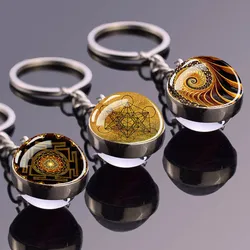 Sacred Geometry-Metatron's Cube Keychains Sri Yantra Mandala Life Tree Double Side Glass Ball Pendant Key Chains Buddhist Gift