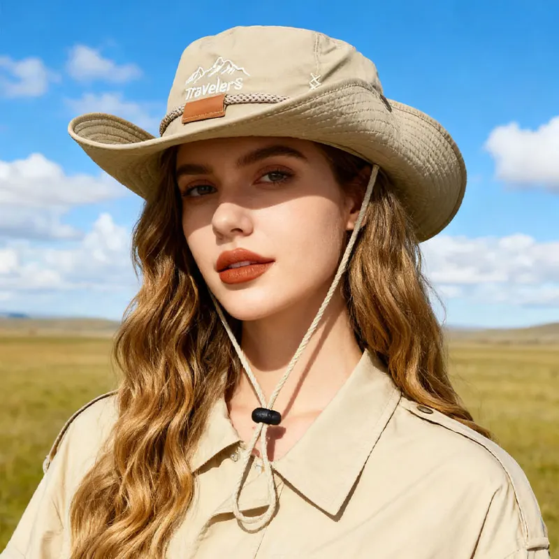 Khaki Outdoor Sun Hat for Men, Wide Brim, Sunscreen Hiking Hat, Adjustable Strap, Anti-Fall Fishing Hat