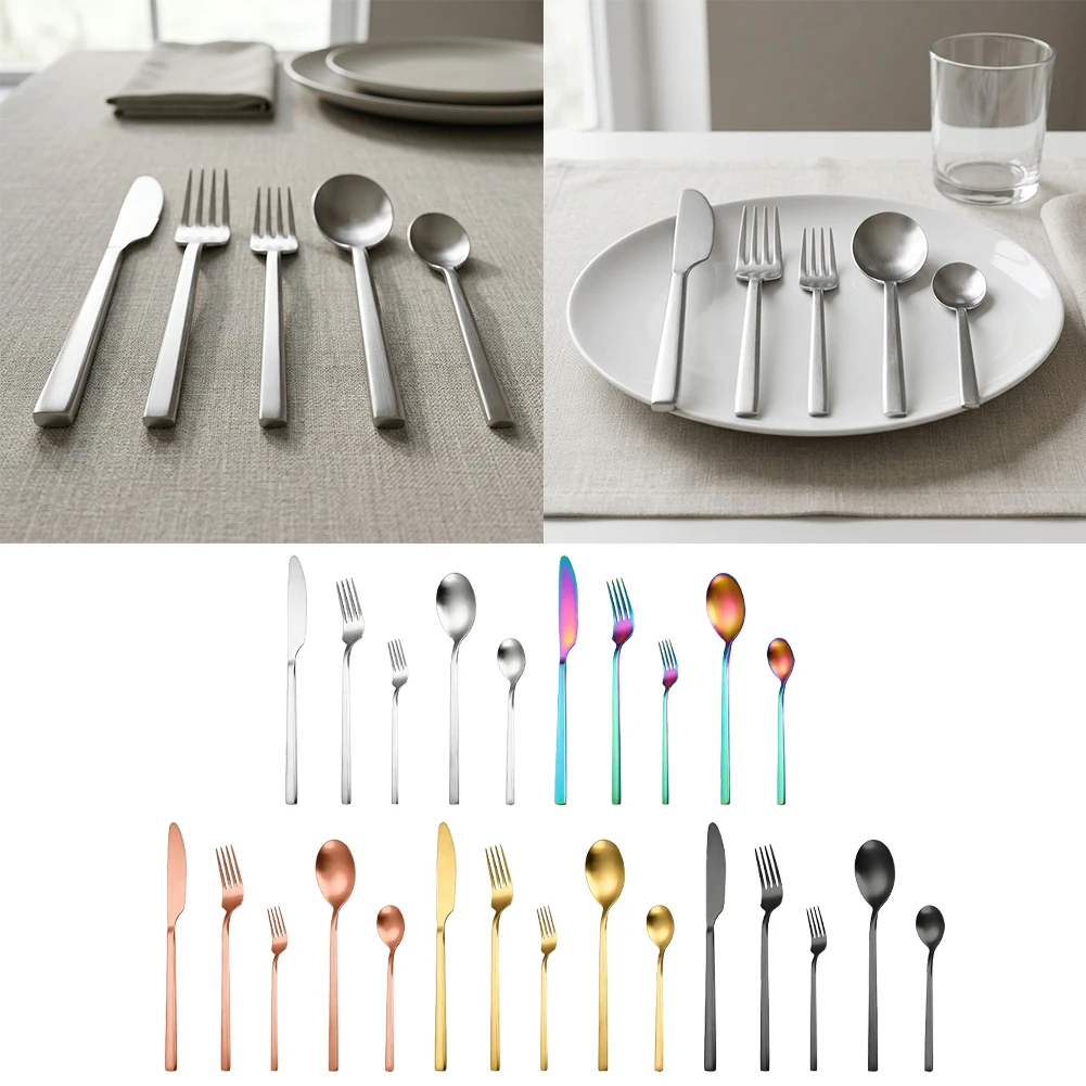 5Pcs Matte Finish Stainless Steel Flatware Set New Square Straight Handle Dinner Cutlery For Home Dining Table Party Daily Use